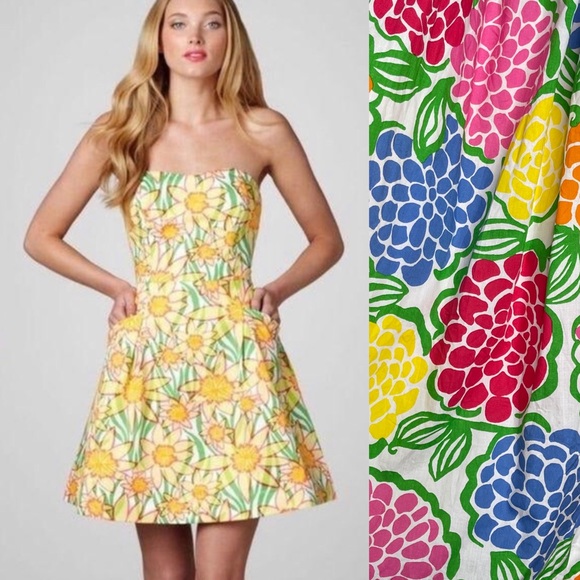 LILLY PULITZER WYATT MultiColor Floral Print Strapless Pocketed Retro Dress Sz 4 - Picture 1 of 14